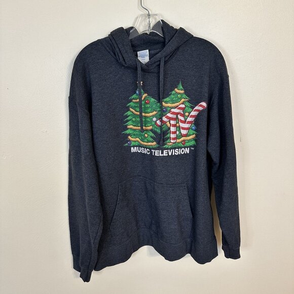 MTV Christmas Hoodie XL Port & Company Charcoal Gray Sweatshirt 90s Vtg Unisex - Picture 9 of 9